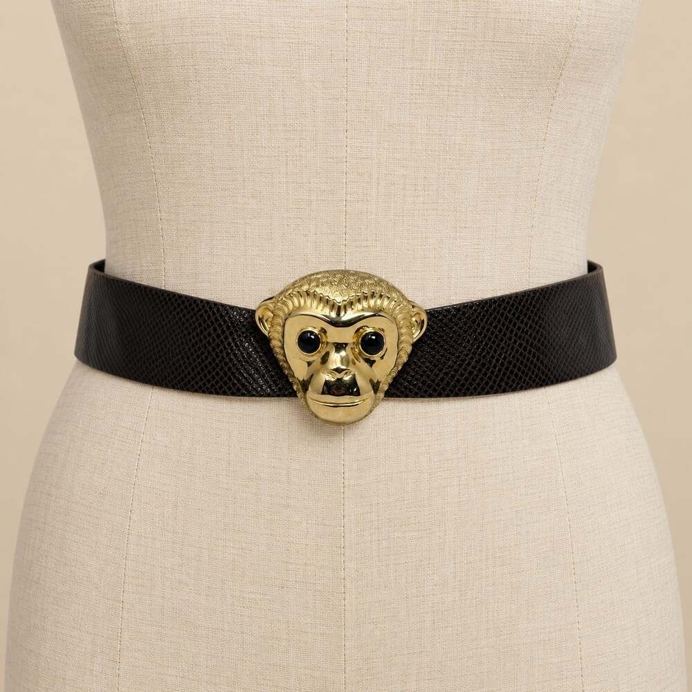 Judith Leiber Vintage statement belt Monkey Buckle Karung Lizard Leather brown